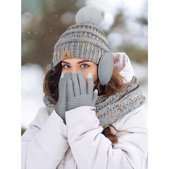Women Light Gray Knit Beanie Hat, Gloves, Scarf & Ear Warmer Set - Wintervvvvvvv - Picture 6 of 6